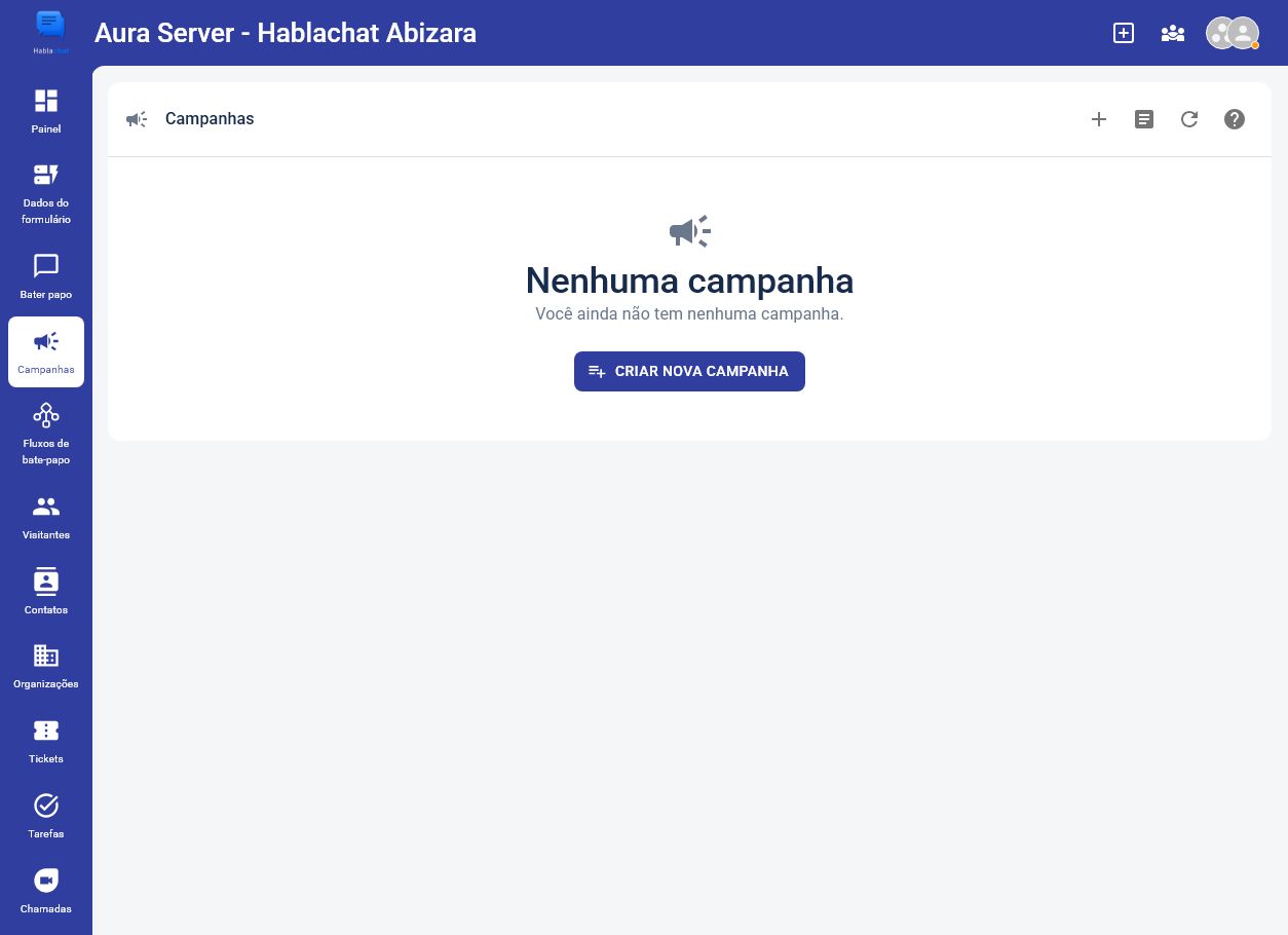 Área de campanhas vazia no workspace Aura