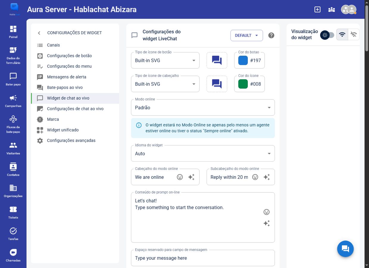 Configuração atual do LiveChat com textos em inglês